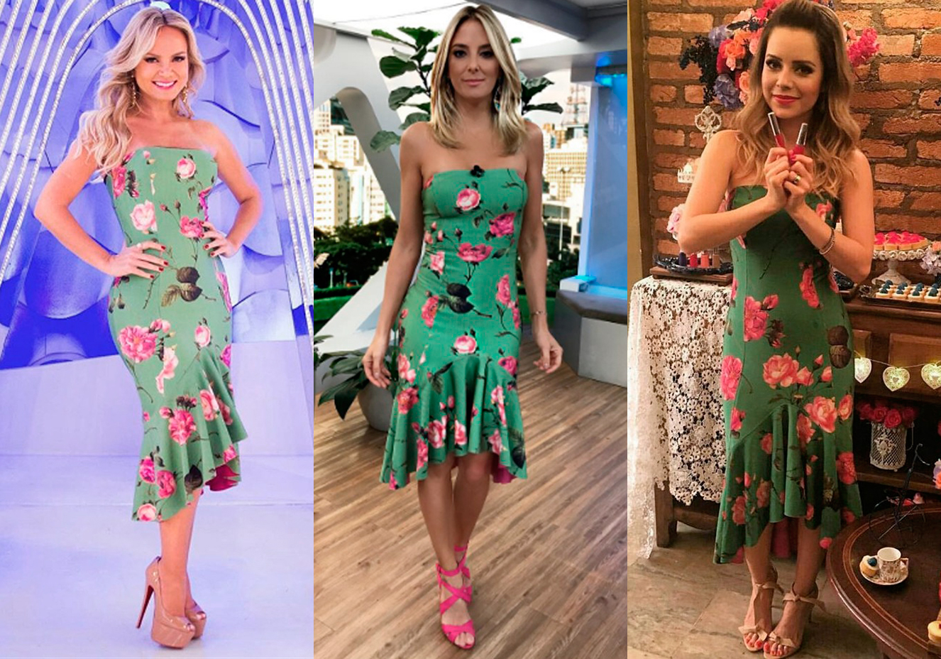 <strong>Eliana</strong>, <strong>Ticiane Pinheiro</strong> e <strong>Sandy</strong> vestem<strong>&nbsp;Tigresse</strong>. Estampado, com babados e decote tomara que caia, o vestido exala feminilidade, caracter&iacute;stica abra&ccedil;ada pelas duas apresentadoras e pela cantora. As tr&ecirc;s fugiram de complementos escuros e investiram em sapatos em nude ou pink - caso de Ticiane. Para arrematar, cabelos soltos.