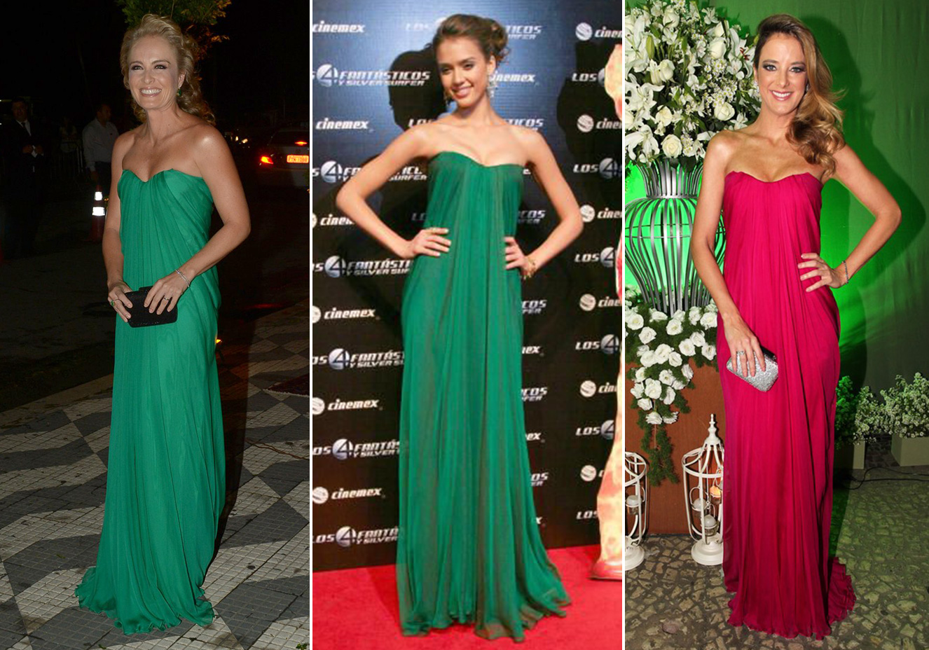 <strong>Ang&eacute;lica</strong>, <strong>Jessica Alba</strong> e <strong>Ticiane Pinheiro</strong> vestem <strong>Alexander McQueen</strong>. Ang&eacute;lica, uma das madrinhas da uni&atilde;o de&nbsp;Fernanda Souza e Thiaguinho, arrematou o longo de seda verde&nbsp;com clutch preta. A mesma pe&ccedil;a j&aacute; havia sido usada por&nbsp;Jessica -&nbsp;para uma premi&egrave;re em 2007 -&nbsp;e por Ticiane -&nbsp;que escolheu a vers&atilde;o pink para um casamento em S&atilde;o Paulo.