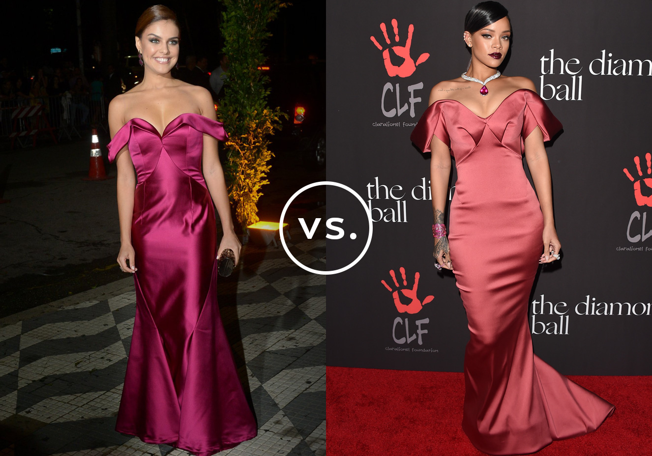 <strong>Paloma Bernardi</strong> e <strong>Rihanna</strong>. A&nbsp;atriz brasileira compareceu ao casamento de Fernanda Souza e Thiaguinho, em fevereiro de 2015, em S&atilde;o Paulo, usando&nbsp;um vestido by<strong> Vitor Zerbinato</strong>&nbsp;muito parecido com o <strong>Zac Posen</strong> exibido por Rihanna em 2014.