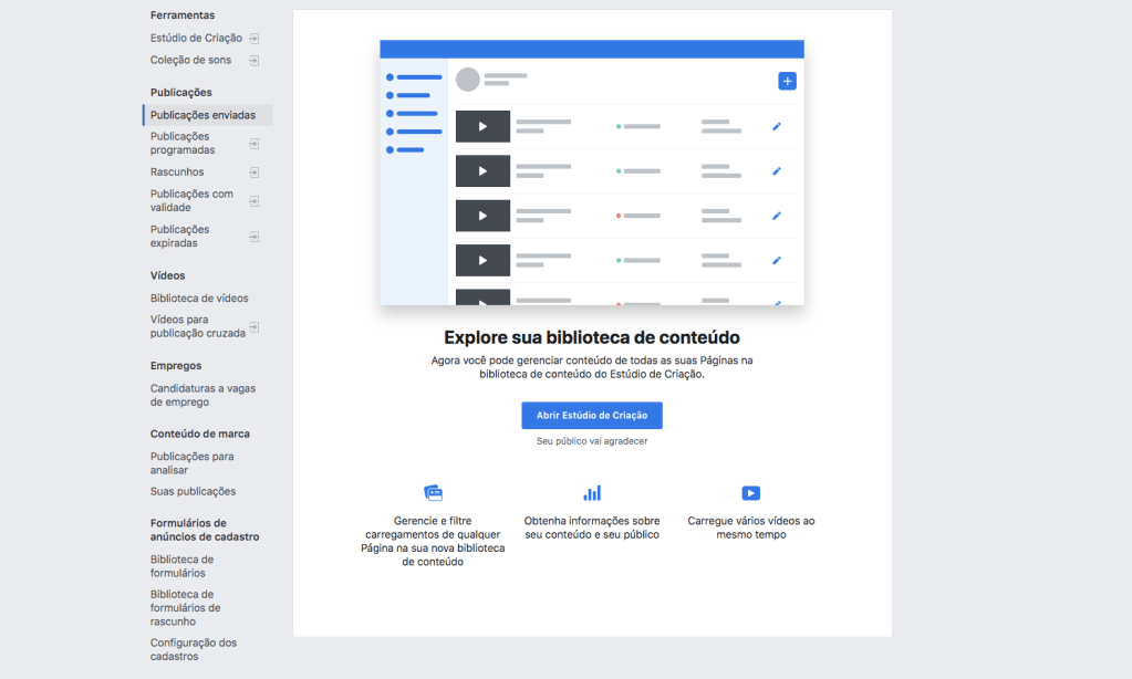 Interface do Facebook antes de acessar o “Estúdio de Criação”.