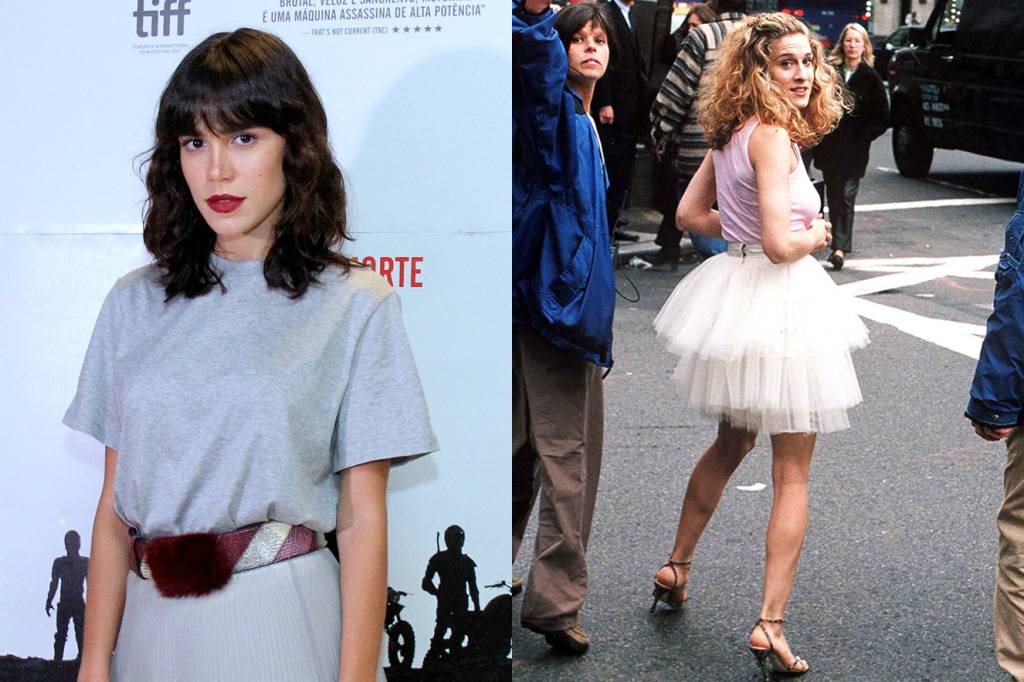 Carla Salle está muito Carrie Bradshaw nesse look saia + camiseta