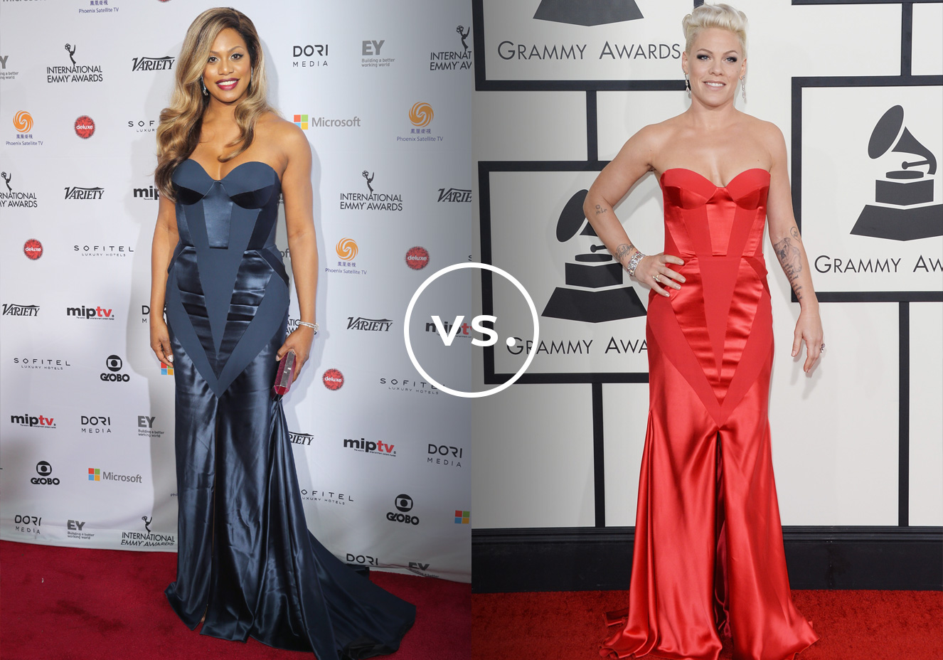<strong>Laverne Cox</strong> e<strong> Pink</strong>&nbsp;vestem<strong>&nbsp;Johanna Johnson</strong>. Atriz e cantora arremataram o vestido com acess&oacute;rios discretos e maquiagem poderosa.