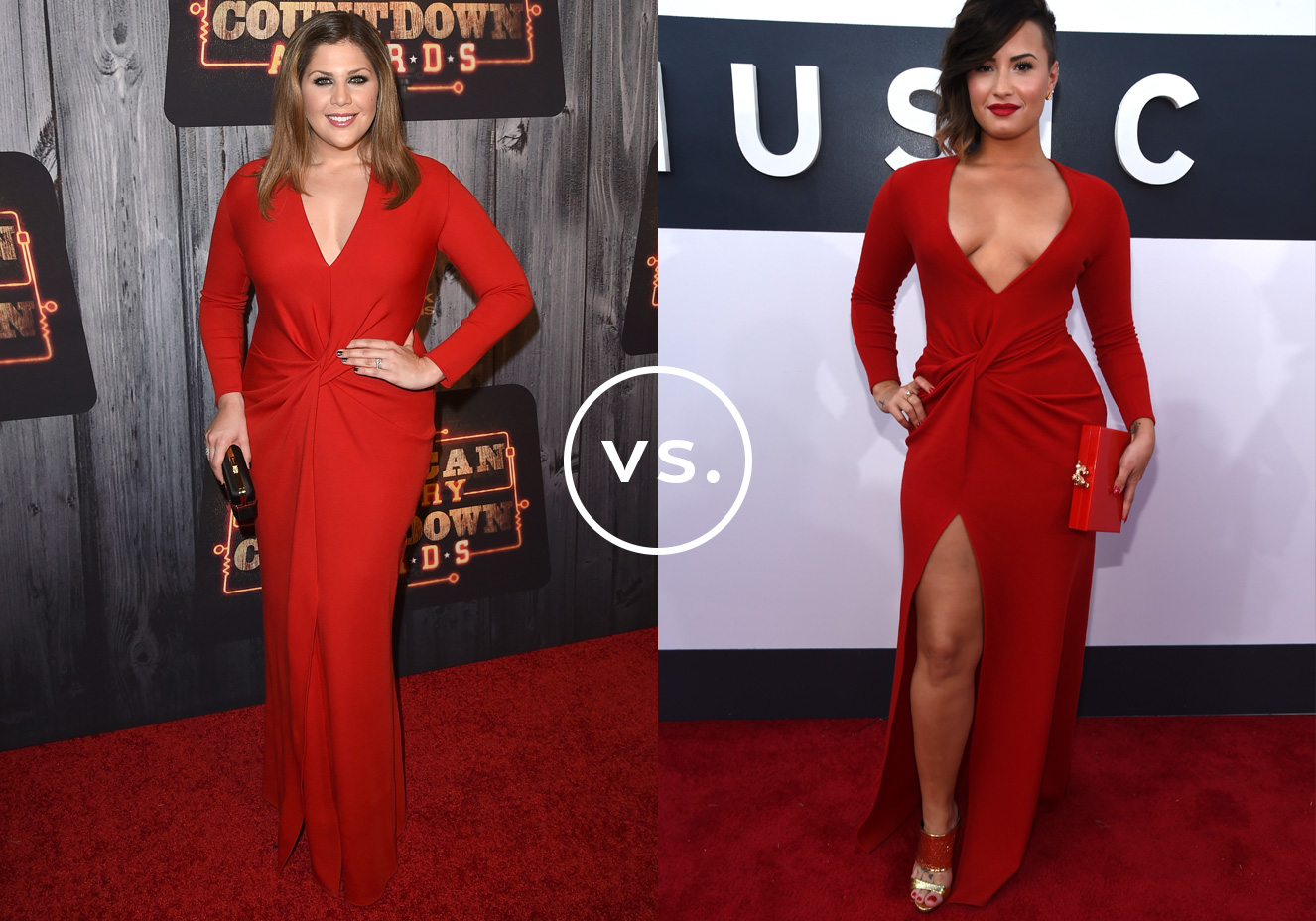 <strong>Hillary Scott</strong> e <strong>Demi Lovato</strong> vestem <strong>Lanvin</strong>. A cantora de m&uacute;sica country preferiu uma abordagem mais discreta com decote recatado e sem fenda. J&aacute; a diva teen deixou uma boa por&ccedil;&atilde;o de pele &agrave; mostra.