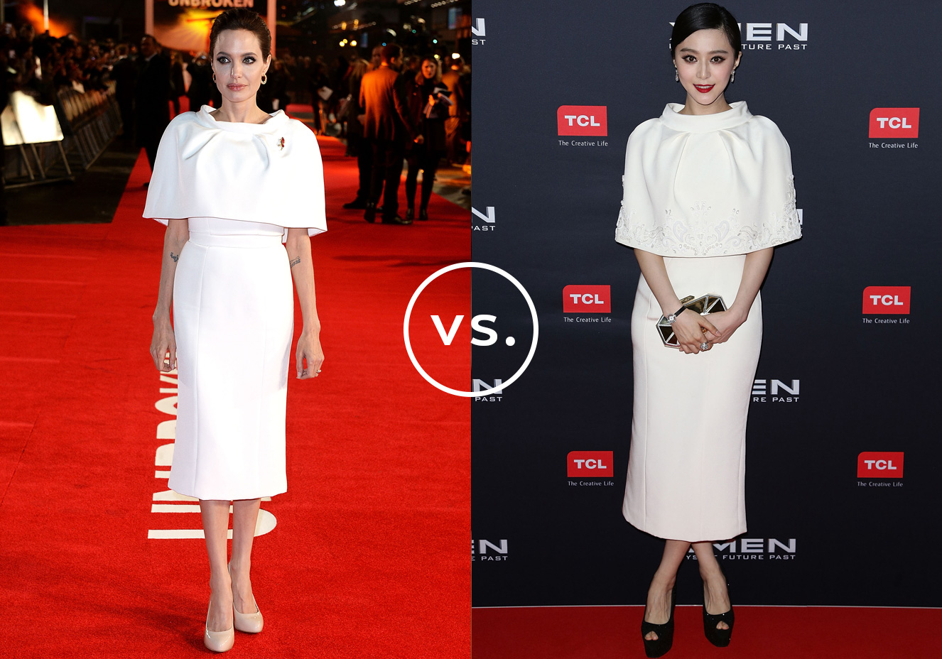 <strong>Angelina Jolie</strong> e<strong> Fan Bingbing</strong> vestem&nbsp;<strong>Ralph & Russo</strong>. A atriz norte-americana fez pequenas altera&ccedil;&otilde;es no vestido, j&aacute; a chinesa usou o look como apresentado na passarela, com bordados na capa e comprimento m&iacute;di.