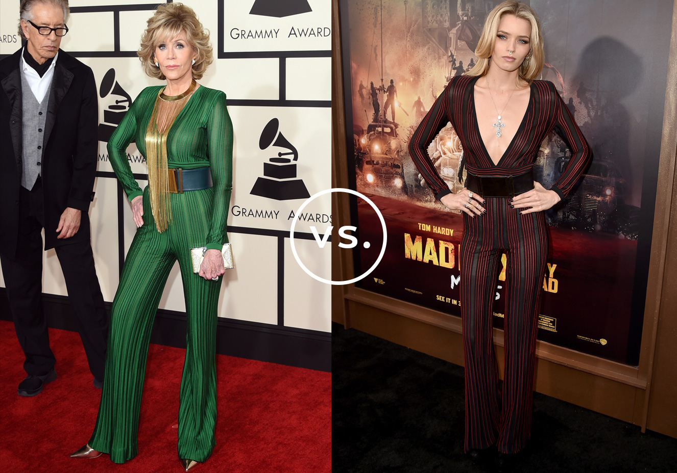 <strong>Jane Fonda</strong> e<strong>&nbsp;Abbey Lee</strong> vestem&nbsp;<strong>Balmain</strong>. Jane destacou-se no tapete vermelho vestindo o macac&atilde;o na vers&atilde;o&nbsp;verde. O colar dourado com franjas superlongas escondeu o decote e deixou o visual elegante. Abbey, no entanto, foi de vermelho e optou por arrematar o look com crucifixo.