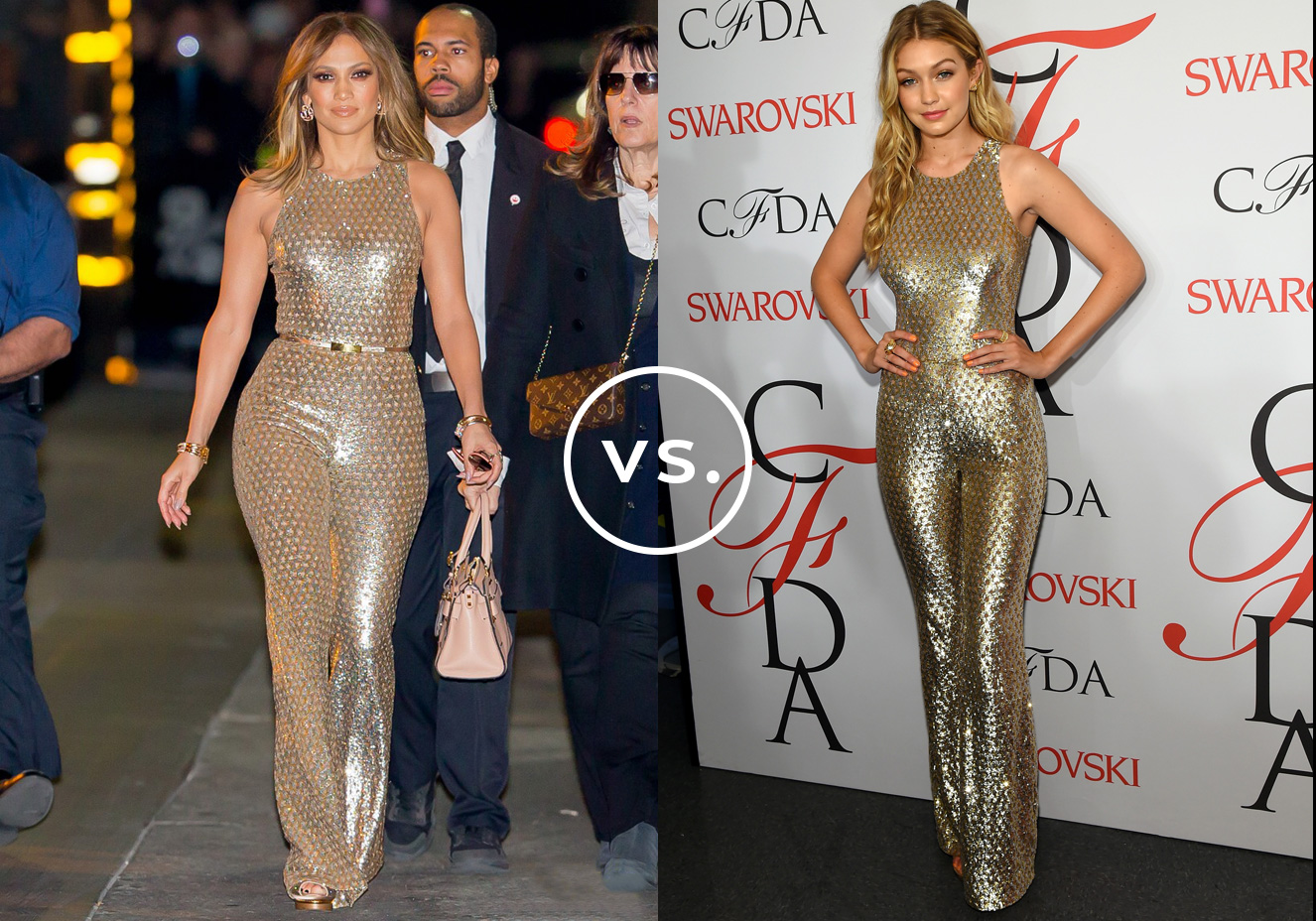 <strong>Jennifer Lopez</strong> e <strong>Gigi Hadid&nbsp;</strong>vestem&nbsp;<strong>Michael Kors</strong>. Enquanto a cantora arrematou o macac&atilde;o dourado com maxibrincos, dupla de pulseiras id&ecirc;nticas e sapatos metalizados, a modelo investiu em complementos discretos e deixou a pe&ccedil;a marcante brilhar sozinha.