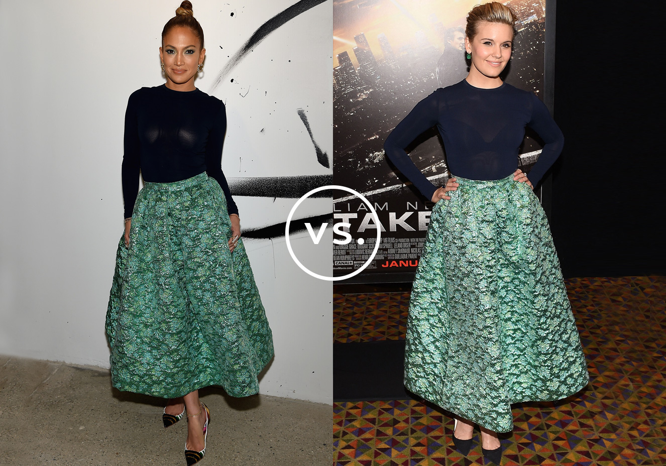 <strong>Jennifer Lopez</strong> e <strong>Maggie&nbsp;</strong><span><strong>Grace</strong> v</span>estem&nbsp;<strong>Christian Siriano</strong>. Jennifer apostou no look composto por saia ampla e top azul-marinho para um evento em Nova York. Por&eacute;m, a cantora&nbsp;errou na escolha do suti&atilde;, deixando o modelo nude aparente na luz dos flashes. Duas semanas antes, a atriz&nbsp;Maggie usou a mesma produ&ccedil;&atilde;o e, assim como JLo,&nbsp;tamb&eacute;m optou por arrematar com escarpins.