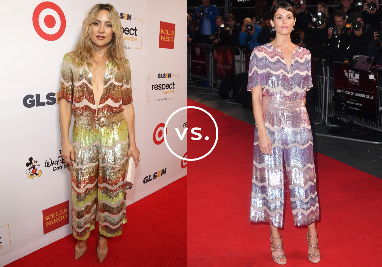 <strong>Kate Hudson</strong> e <strong>Gemma Arterton</strong>&nbsp;vestem <strong>Temperley London</strong>. O macac&atilde;o inteiramente bordado foi a escolha das atrizes para atualizar o look de tapete vermelho. Kate combinou sua vers&atilde;o decotada&nbsp;em tons de cobre, verde e dourado com escarpins&nbsp;nude. J&aacute; Gemma investiu na delicadeza do rosa e do lil&aacute;s e completou com sand&aacute;lias metalizadas.