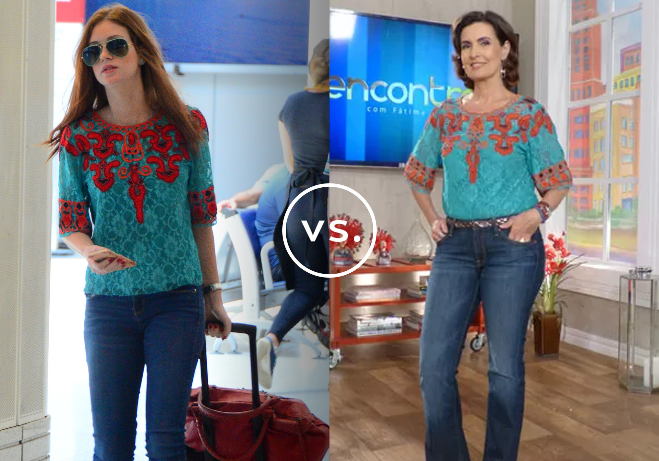 <strong>Marina Ruy Barbosa</strong> e <strong>F&aacute;tima Bernardes&nbsp;</strong>vestem<strong> A. Brand.&nbsp;</strong>Enquanto Marina apostou na combina&ccedil;&atilde;o da blusa colorida com cal&ccedil;a jeans para enfrentar o aeroporto no in&iacute;cio de fevereiro, F&aacute;tima usou o look para apresentar seu programa,<em> Encontro Com F&aacute;tima Bernardes</em>.