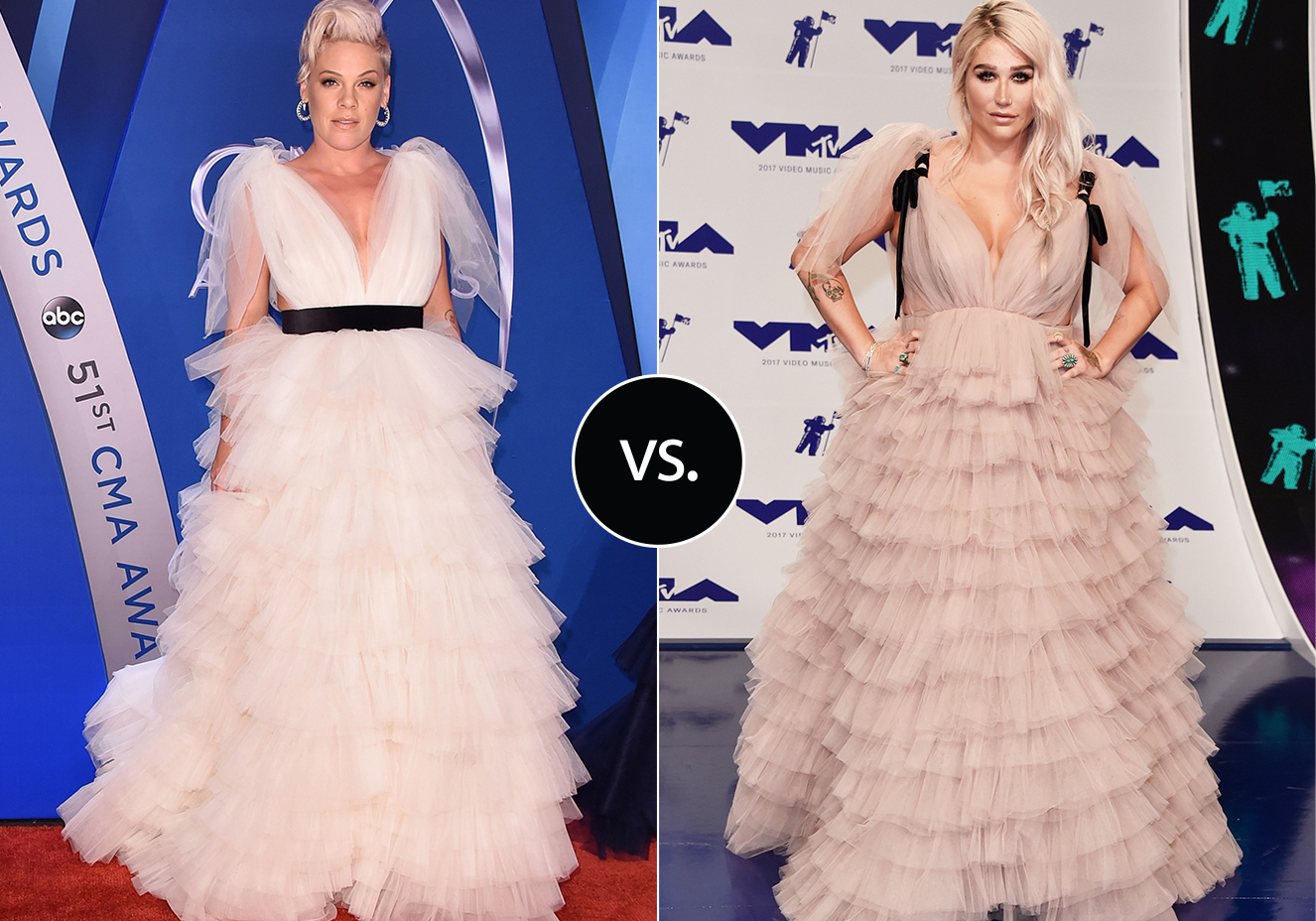 <strong>Pink&nbsp;</strong>e<strong> Kesha&nbsp;</strong>vestem <strong>Monsoori</strong>. As duas escolherem o look cheio de tules para duas premia&ccedil;&otilde;es. Pink usou o look no CMA 2017 e Kesha, no VMA deste ano.