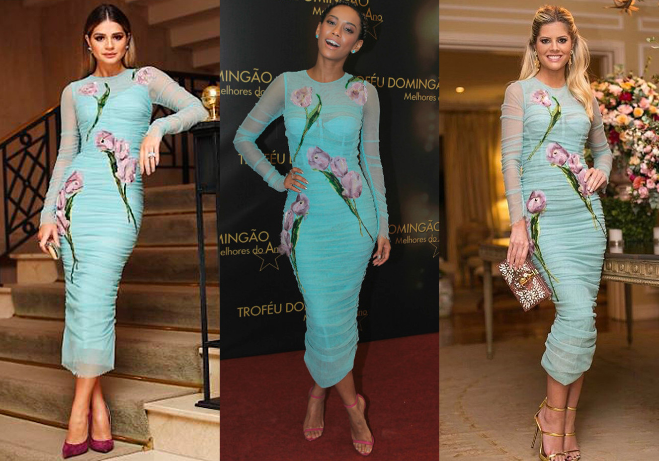 <strong>Th&aacute;ssia Naves</strong>, <strong>Ta&iacute;s Ara&uacute;jo</strong> e <strong>Lal&aacute; Rudge</strong> vestem <strong>Dolce&Gabbana</strong>. N&atilde;o &eacute; dif&iacute;cil entender porque o vestido da grife italiana caiu do gosto das celebridades. O delicado mix de turquesa e rosa, o comprimento m&iacute;di e a silhueta justinha do modelo resultam em uma produ&ccedil;&atilde;o que exala feminilidade. Para arrematar, Th&aacute;ssia foi de escarpins e Ta&iacute;s e Lal&aacute;, de sand&aacute;lias de tiras finas.