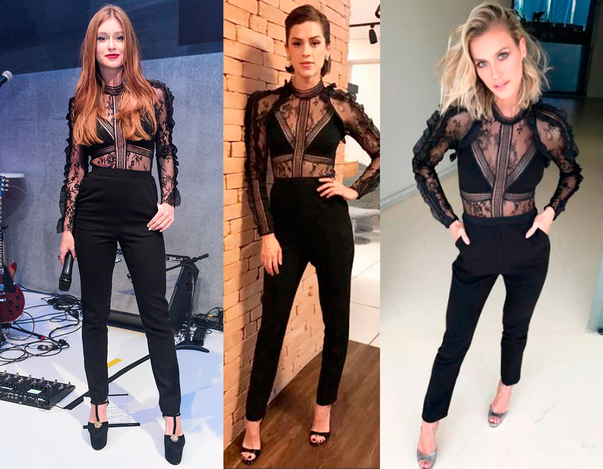 <strong>Marina Ruy Barbosa</strong>, <strong>Sophia Abrah&atilde;o</strong> e <strong>Renata Kuerten</strong> vestem&nbsp;<strong>Self-Portrait</strong>.&nbsp;Parecem duas pe&ccedil;as, mas &eacute; um macac&atilde;o. A pe&ccedil;a da grife brit&acirc;nica caiu no gosto das famosas por mesclar a sensualidade da dupla renda + transpar&ecirc;ncia com a eleg&acirc;ncia da alfaiataria. Marina ainda elevou a voltagem sexy com batom vermelho e sapatos de plataformas alt&iacute;ssimas. J&aacute; Sophia e Renata preferiram uma abordagem mais b&aacute;sica com beleza discreta e sapatos cl&aacute;ssicos.