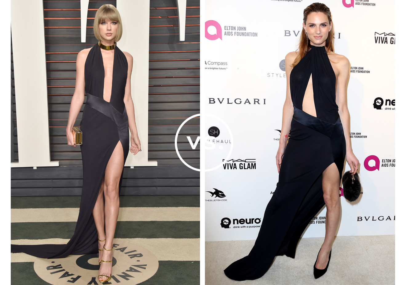 <strong>Taylor Swift</strong> e&nbsp;<strong>Andreja Pejić&nbsp;</strong>vestem<strong>&nbsp;Alexandre Vauthier</strong>. Mesmo dia, eventos&nbsp;diferentes! Taylor escolheu o vestido com decote profundo e fenda para marcar presen&ccedil;a na festa promovida pela Vanity Fair ap&oacute;s o Oscar. J&aacute; Andreja, usando uma vers&atilde;o da pe&ccedil;a com decote um pouco mais fechado, posou para os fot&oacute;grafos no agito comandado por Elton John depois da premia&ccedil;&atilde;o.