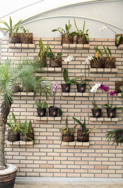 Na varanda do apartamento, o jardim vertical &eacute; composto de lajotas palha. &ldquo;Busquei contraste com as cores das plantas que apoiaria nas prateleiras, cada uma formada por quatro tijolinhos&rdquo;, conta a designer de interiores paulista Cecilia Cruz. Cortadas ao meio, as pe&ccedil;as para revestimento, ficaram com 5,5 cm de espessura e deixam ver o rejunte frisado.