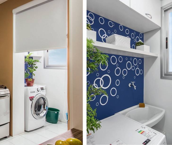 <span>Não existe segredo na decoração da área de serviço de 1,95 m²: são brancos os principais itens, como o tanque de louça, o armário suspenso e a prateleira. A graça está na alvenaria tingida de azul (Azul Marinho Vibrante, ref. 50BB 08/171, da Coral), que serve de fundo para os adesivos de bolhas de sabão. Projeto da designer de interiores Letícia Laurino Almeida.</span> <span>Não existe segredo na decoração da área de serviço de 1,95 m²: são brancos os principais itens, como o tanque de louça, o armário suspenso e a prateleira. A graça está na alvenaria tingida de azul (Azul Marinho Vibrante, ref. 50BB 08/171, da Coral), que serve de fundo para os adesivos de bolhas de sabão. Projeto da designer de interiores Letícia Laurino Almeida.</span>