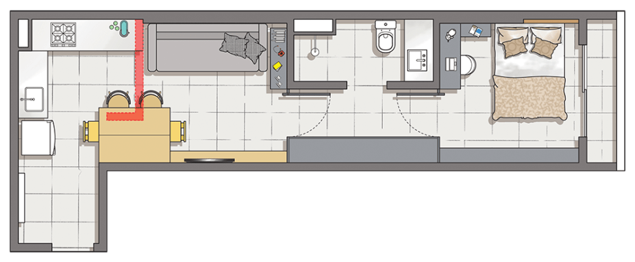 <span>O balcão da cozinha (1) foi derrubado para integrar o ambiente com a sala. O espaço em frente ao banheiro converteu-se em closet (2) e, ao mesmo tempo, transição da ala íntima para a social. Janela (3) só no quarto, que tem um home office (4).</span>