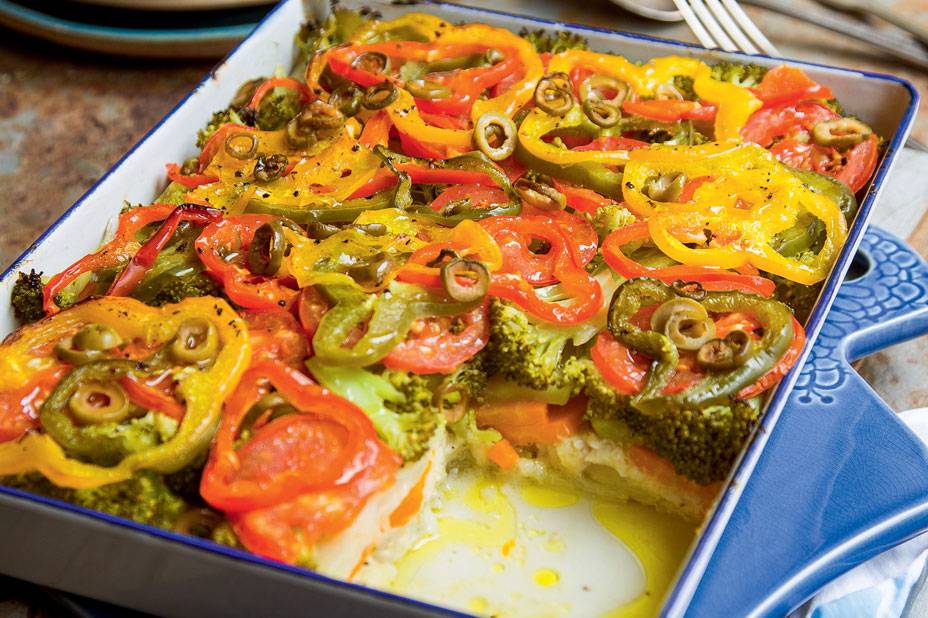 Lasanha de merluza com legumes