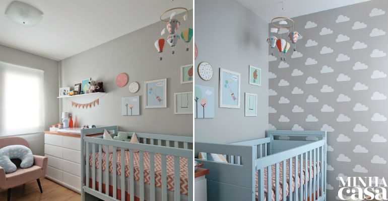 Quarto de bebê com pintura de nuvens