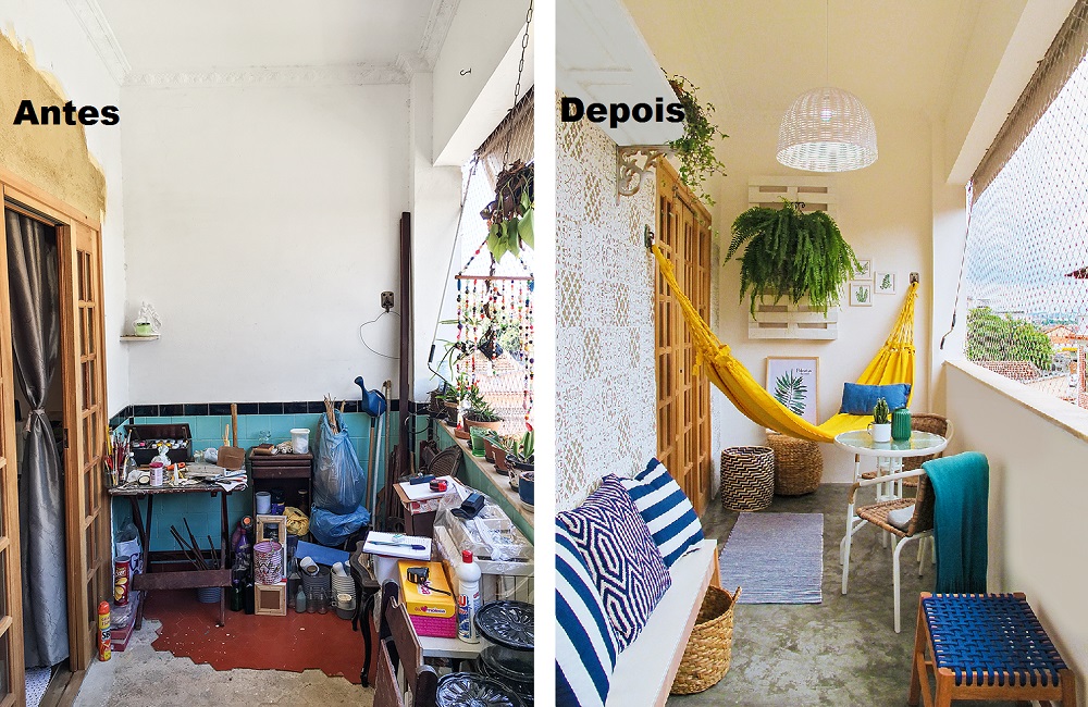 Varanda ganha pintura com estêncil e piso de cimento queimado