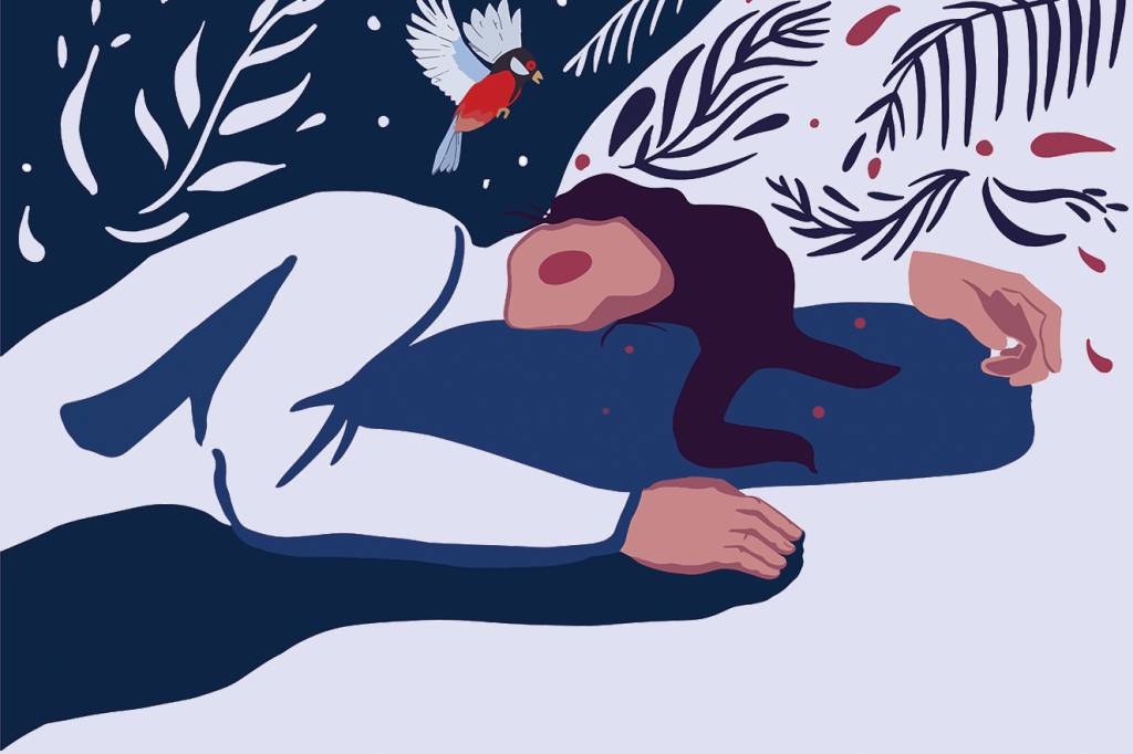 Romantic illustration of a sleeping young woman with rosy cheeks.