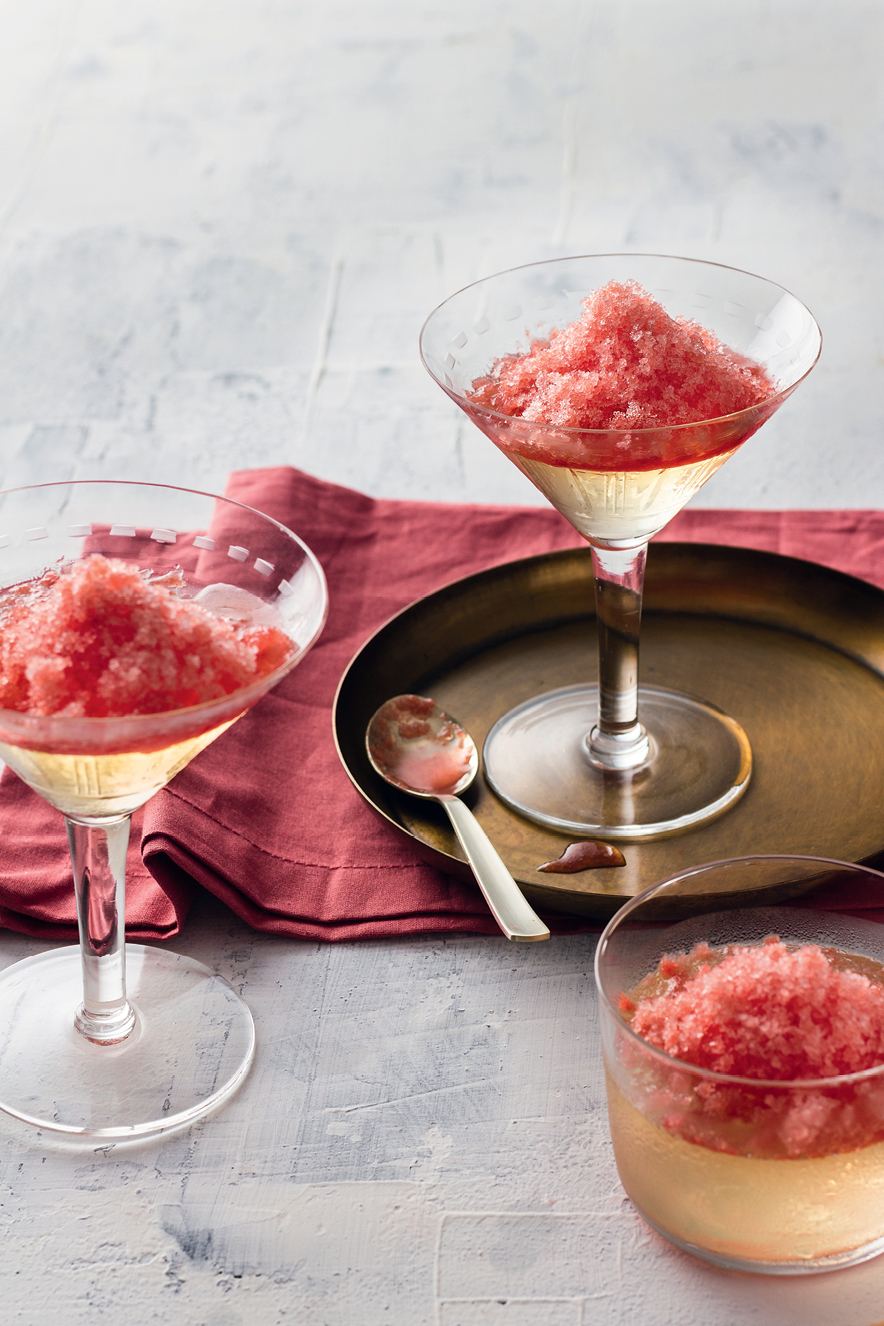 Gelatina de prosecco com granita de melancia