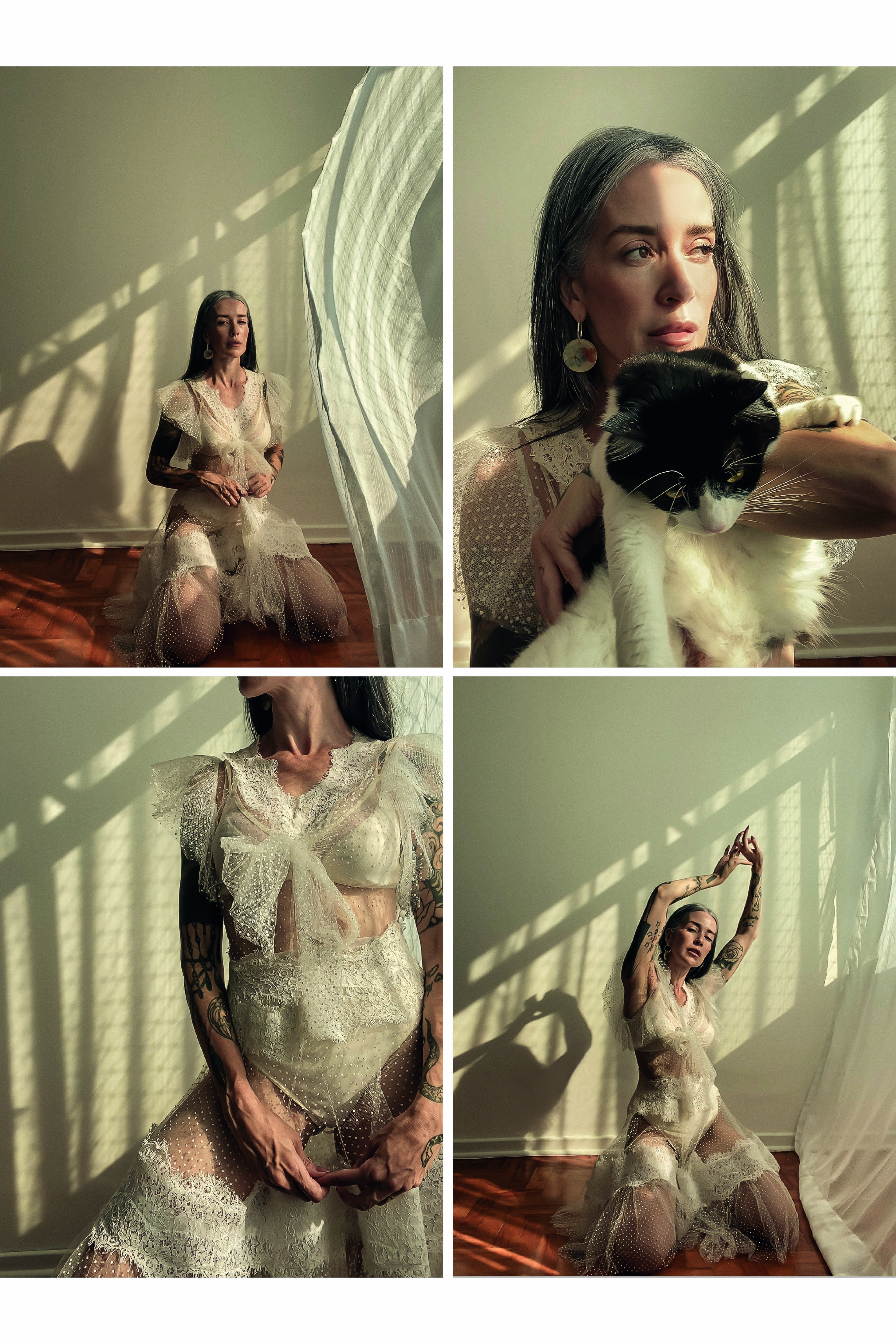 Modelo usa lingerie e posa para foto em diversas poses