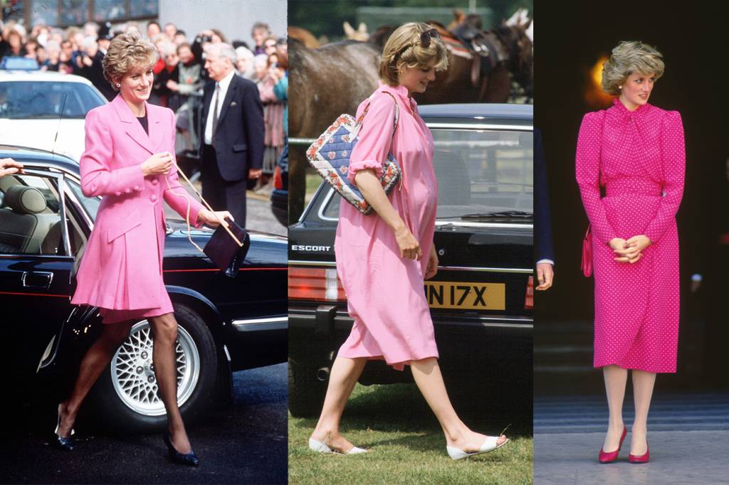 Três imagens da Princesa Diana de cabelo curto e com peças de roupa rosa.