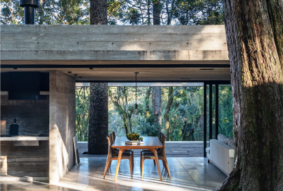 A Casa Fortunata se mimetiza na natureza ao redor de uma Araucária