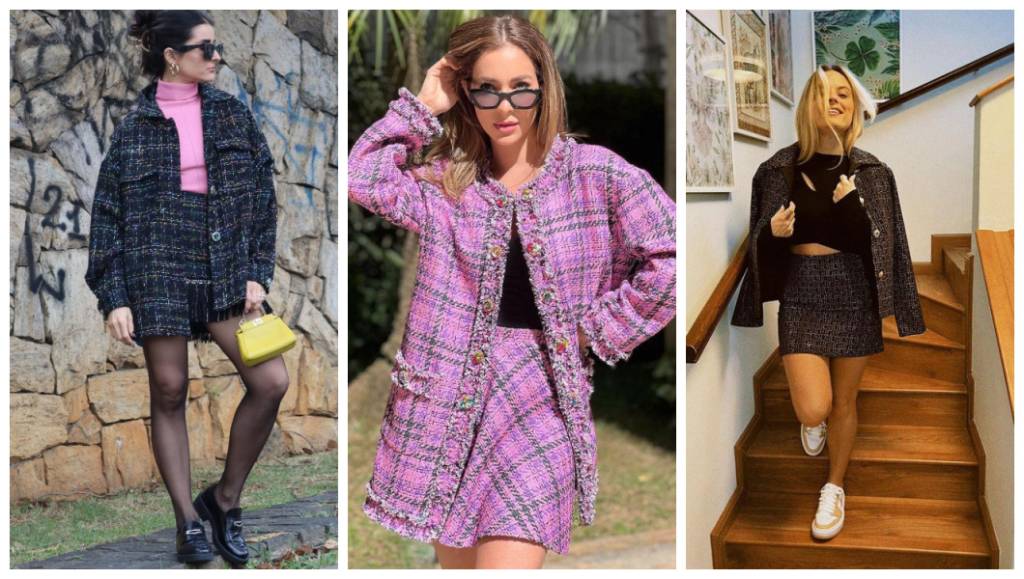 Tweed com pedras A marca TIG apostou no tecido com aplicação de pedras em seus conjuntos.