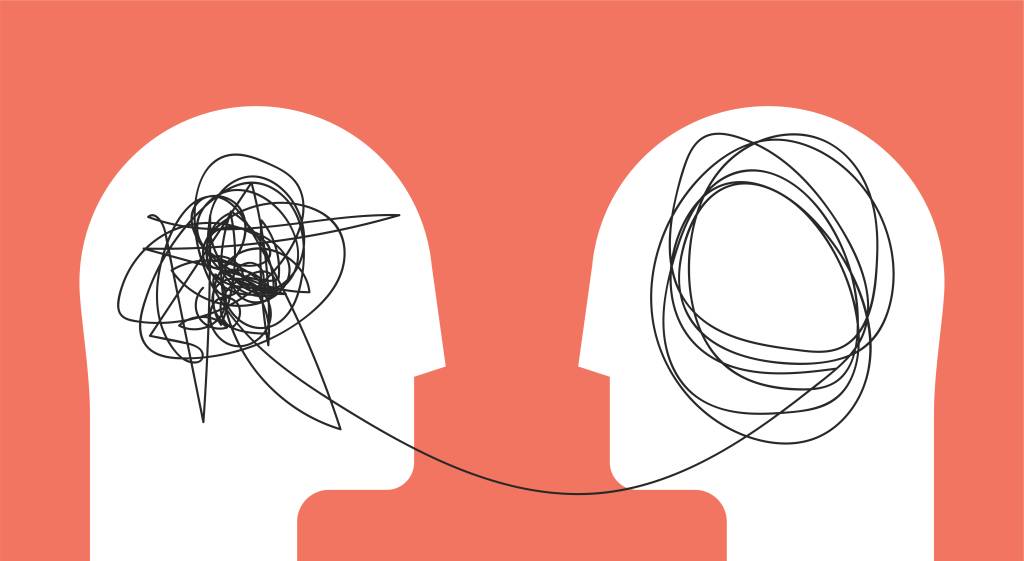 Two humans head silhouette psycho therapy concept. Therapist and patient. Vector illustration for psychologist blog or social media post.