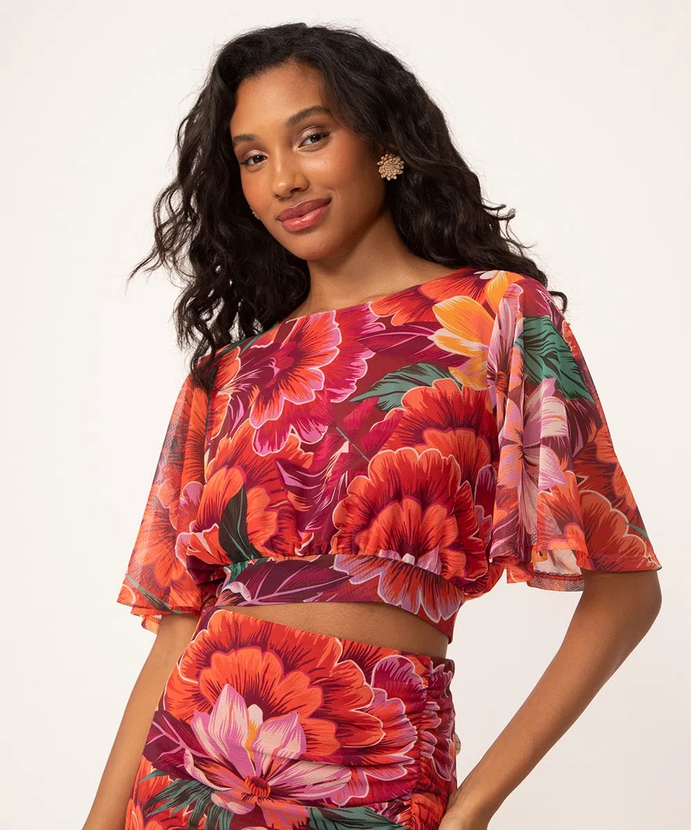 Blusa cropped de tule floral