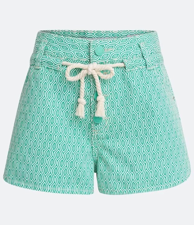 Short baggy cintura alta com cordão e estampa de folhas