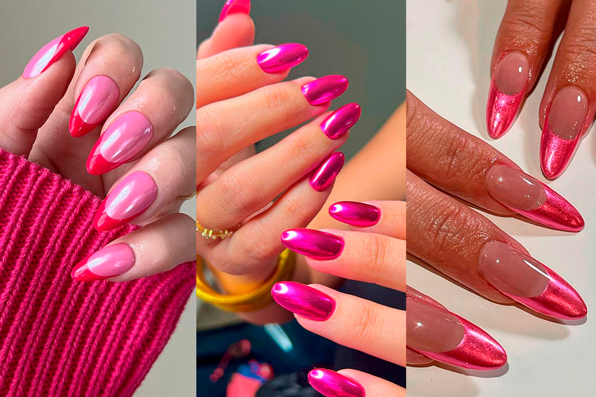 Inspiração de unhas decoradas rosa metálico.