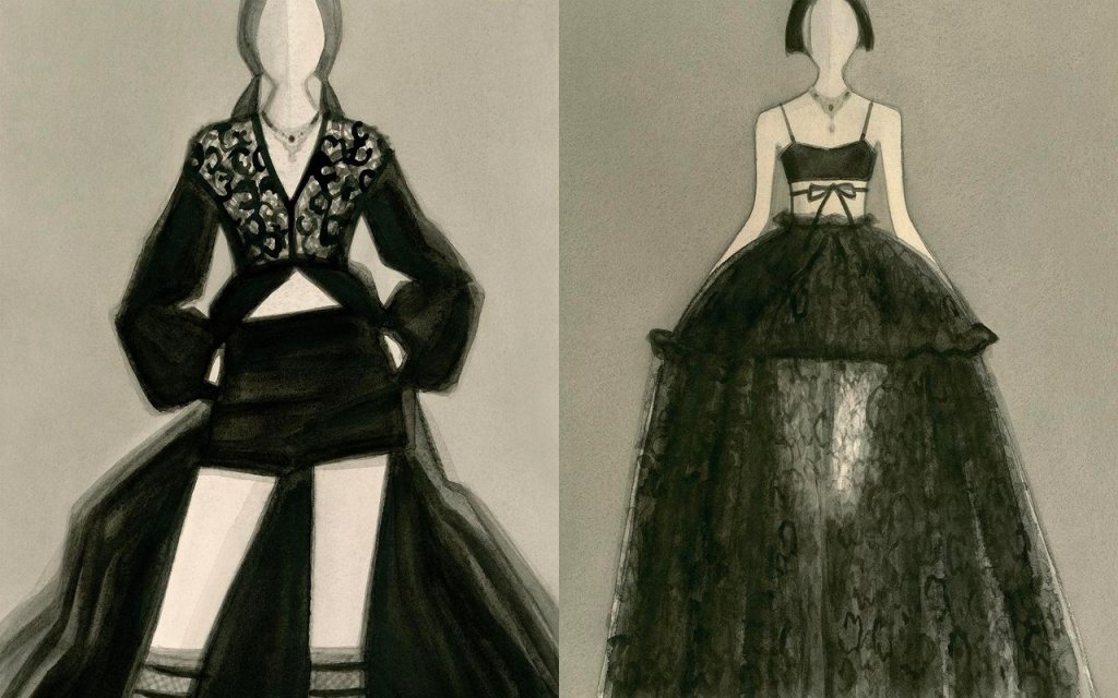 Croquis de Maria Grazia Chiuri, ilustrados por Mats Gustafson, da coleção 2023 da Dior, inspirada na rainha Catarina de Médici.