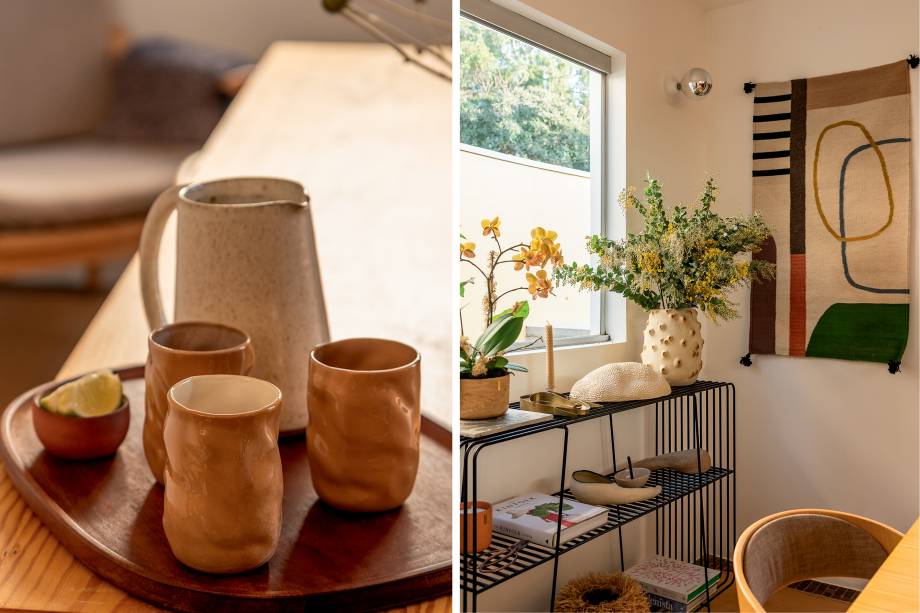 À esquerda, as cerâmicas da <a href="https://www.instagram.com/casa.diaria/" target="_blank" rel="noopener"><em>@casa.diaria</em></a><em>, </em>ao lado, o vaso e a jaca são obras de <a href="https://www.instagram.com/rosalva.arte/" target="_blank" rel="noopener"><em>@rosalva.arte</em></a>. A tapeçaria é de design mexicano da M.A Estudio. À esquerda, as cerâmicas da <a href="https://www.instagram.com/casa.diaria/" target="_blank" rel="noopener"><em>@casa.diaria</em></a><em>, </em>ao lado, o vaso e a jaca são obras de <a href="https://www.instagram.com/rosalva.arte/" target="_blank" rel="noopener"><em>@rosalva.arte</em></a>. A tapeçaria é de design mexicano da M.A Estudio.