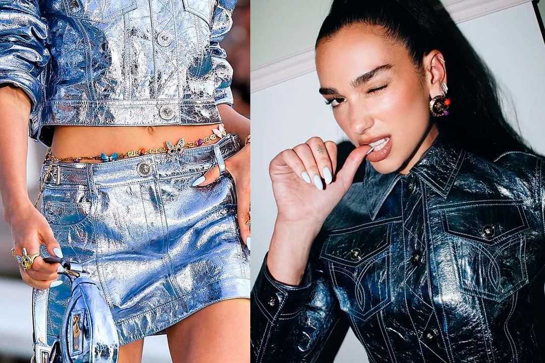 Modelo da Versace e Dua Lipa com a tend&ecirc;ncia de blueberry milk nails