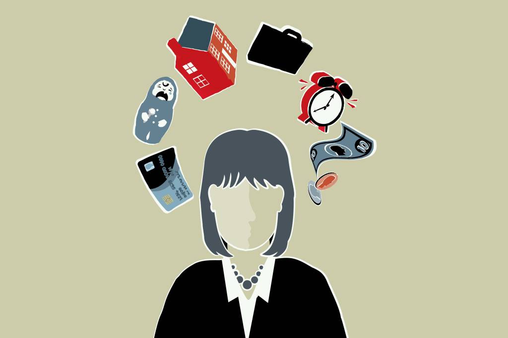 maternidade-finanças-pessoais Ilustração de uma mulher pensando em vários aspectos de sua vida.