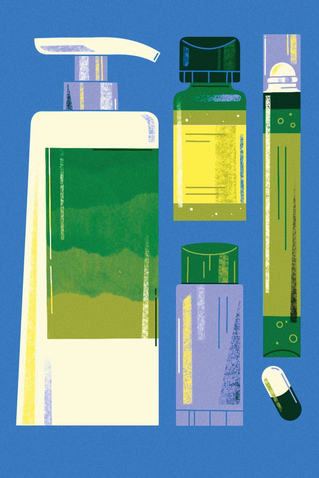 uso-de-cbd-em-produtos Ilustração com embalagens de produtos com CBD