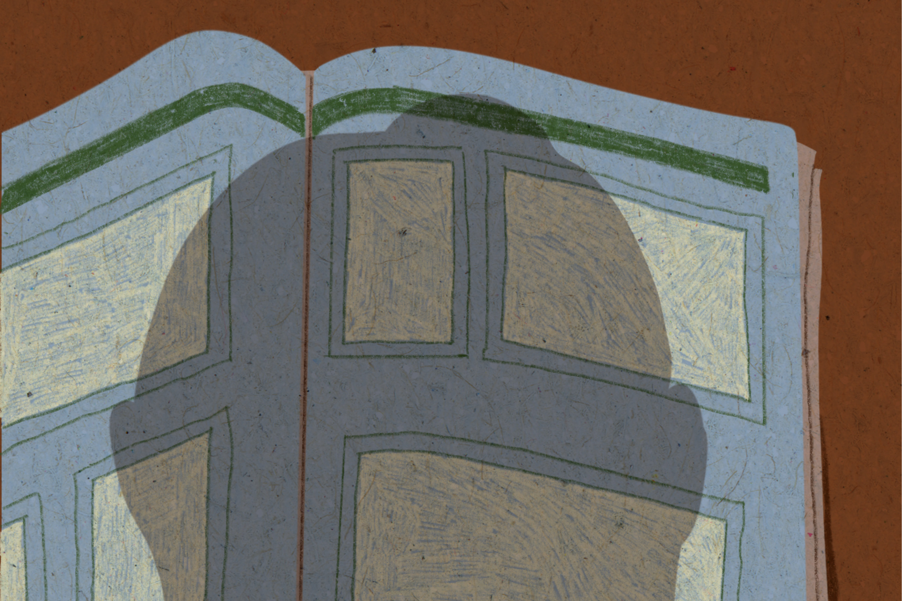 Sombra de uma mulher observando um &aacute;lbum de fotos em branco