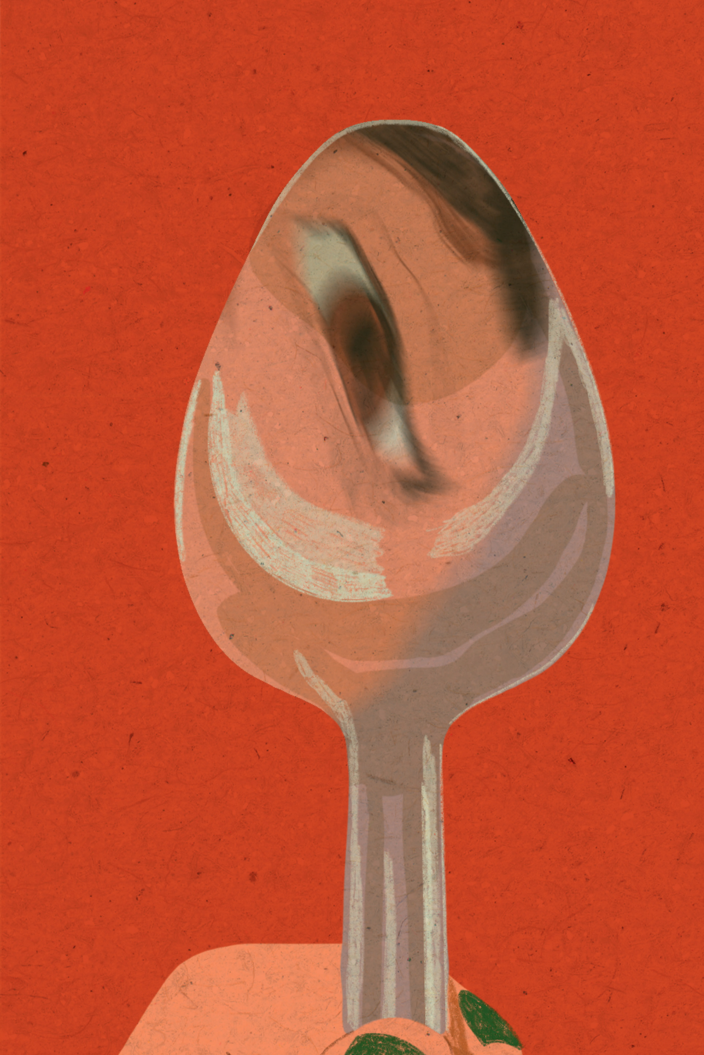 Pessoa observando o pr&oacute;prio olho em uma colher