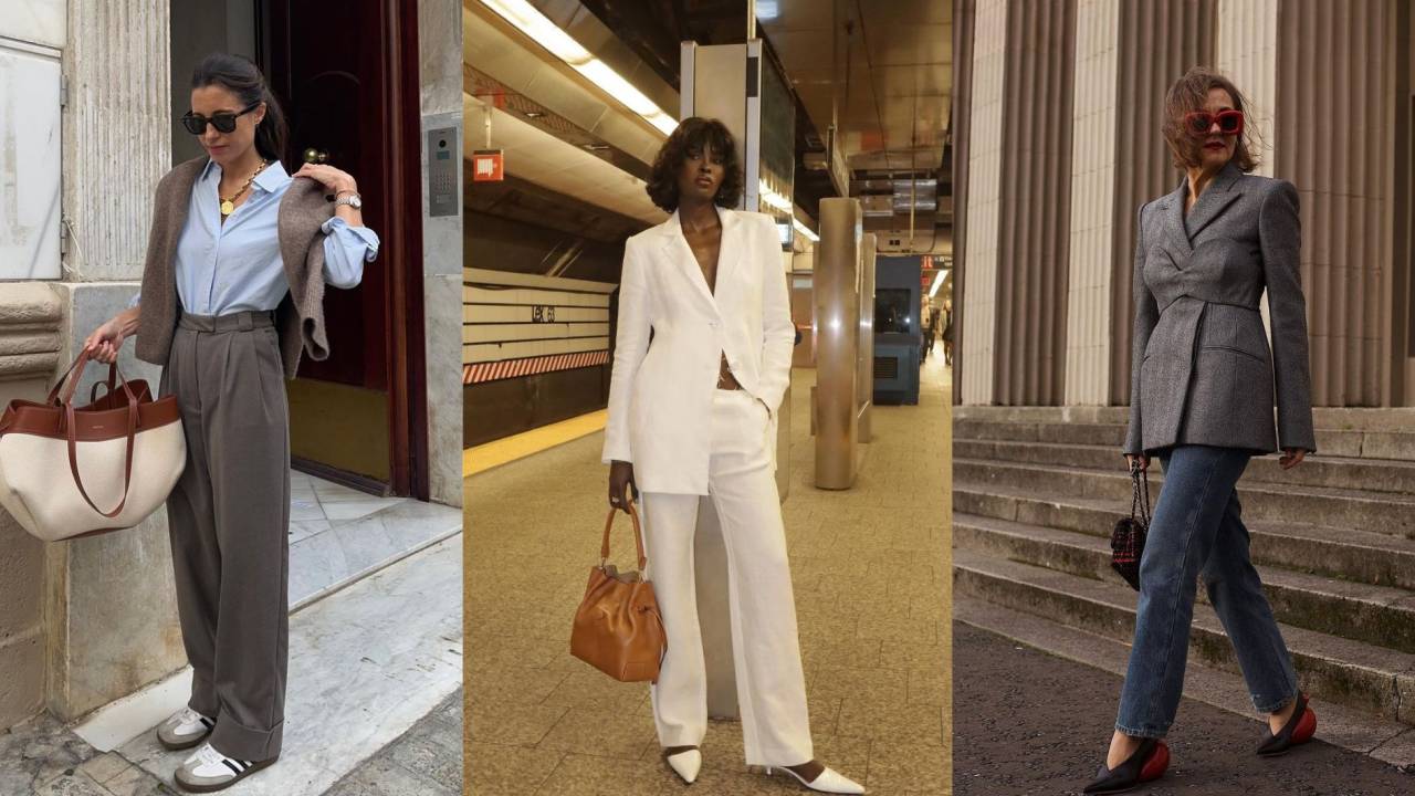 Três mulheres usando look de trabalho no dia a dia