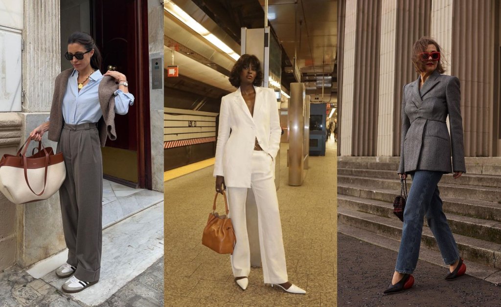 Três mulheres usando look de trabalho no dia a dia