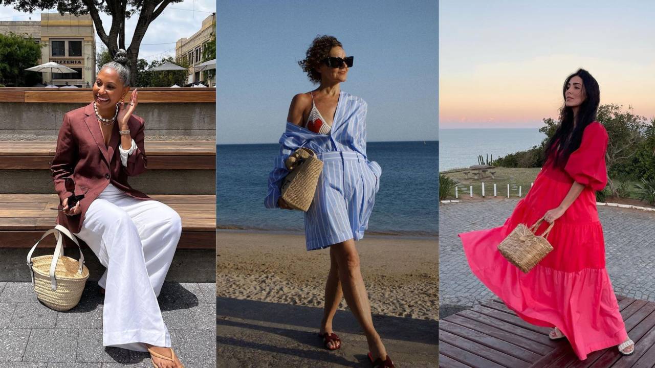Mulheres usando looks com bolsa de palha