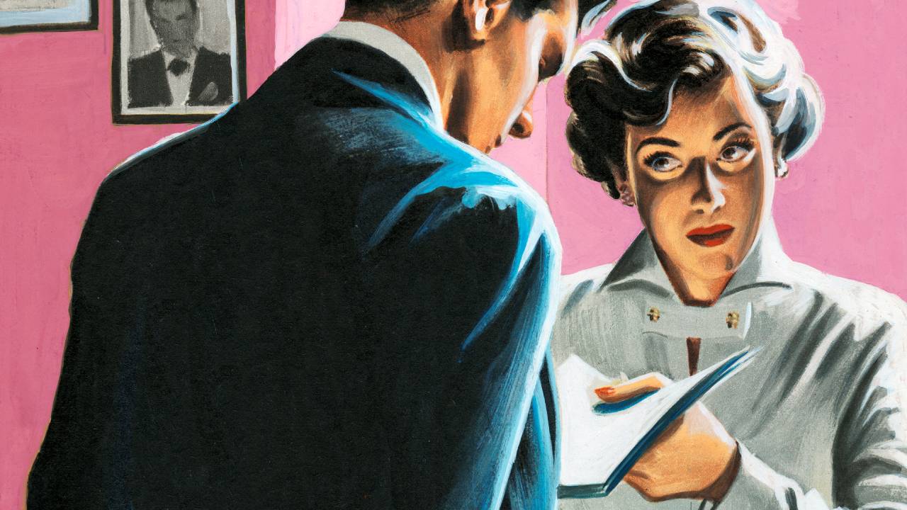 Ilustração ao estilo anos 1950 de uma mulher entregando um papel para um homem