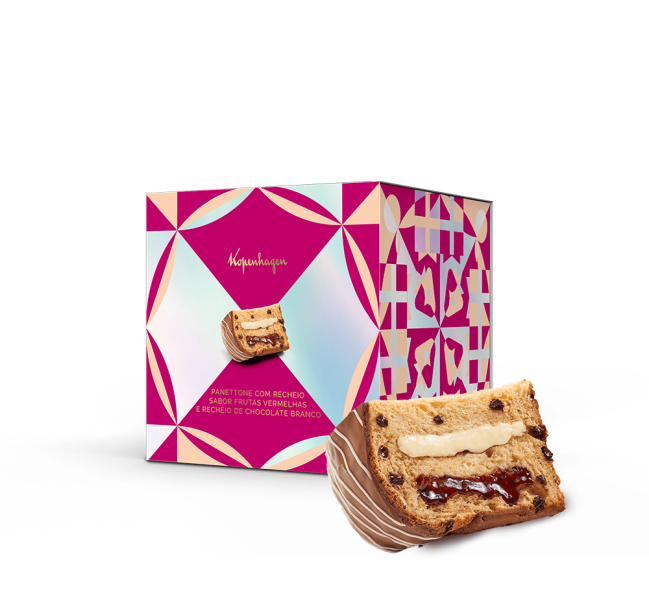 Kopenhagen - Panettone Recheado Frutas Vermelhas Chocolate Branco (R$ 129,90 - 660g) Kopenhagen - Panettone Recheado Frutas Vermelhas Chocolate Branco (R$ 129,90 - 660g)