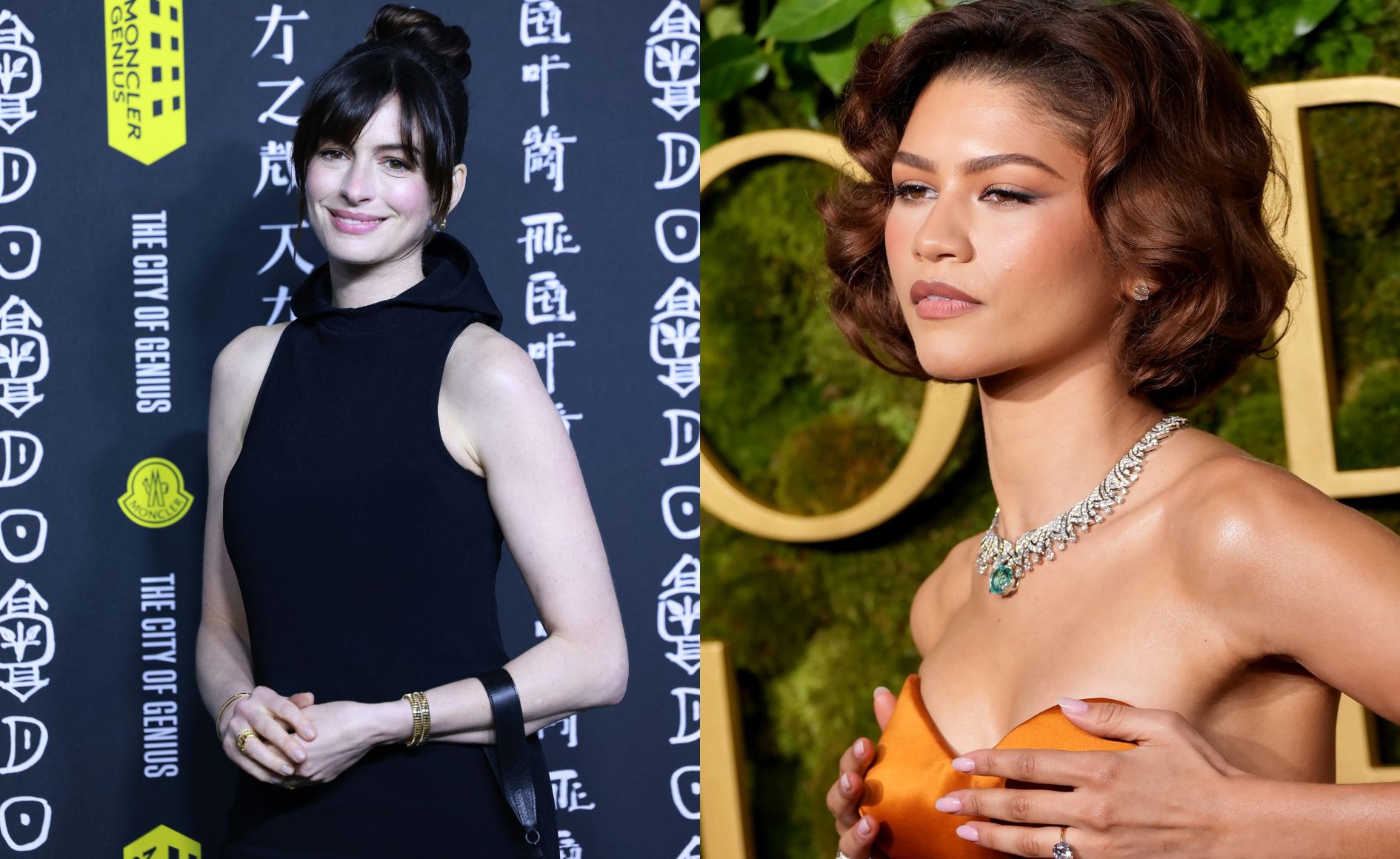 Colagem com duas fotos. A primeira mostra Anne Hathaway e a segunda Zendaya. Ambas est&atilde;o sem esmalte nas m&atilde;os