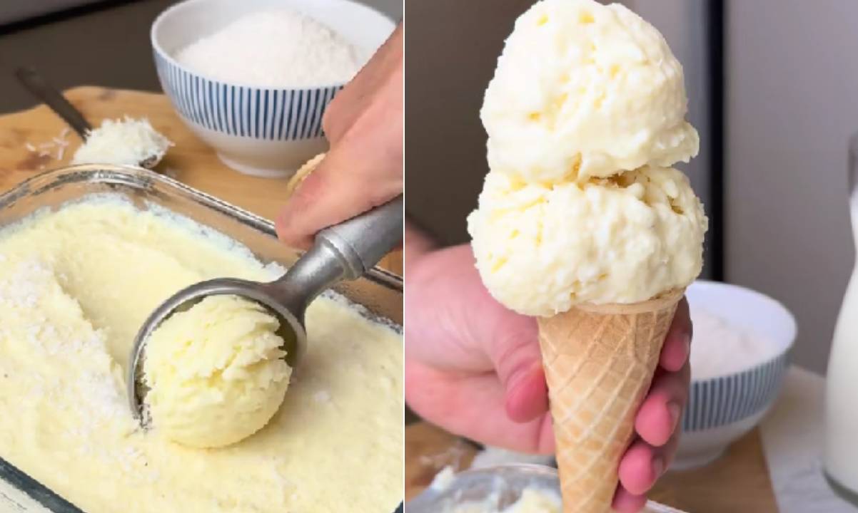 Duas imagens: à esquerda, uma mão pegando sorvete de um pote com uma colher para massas. À direita, uma mão segurando uma casquinha de sorvete de tapioca.