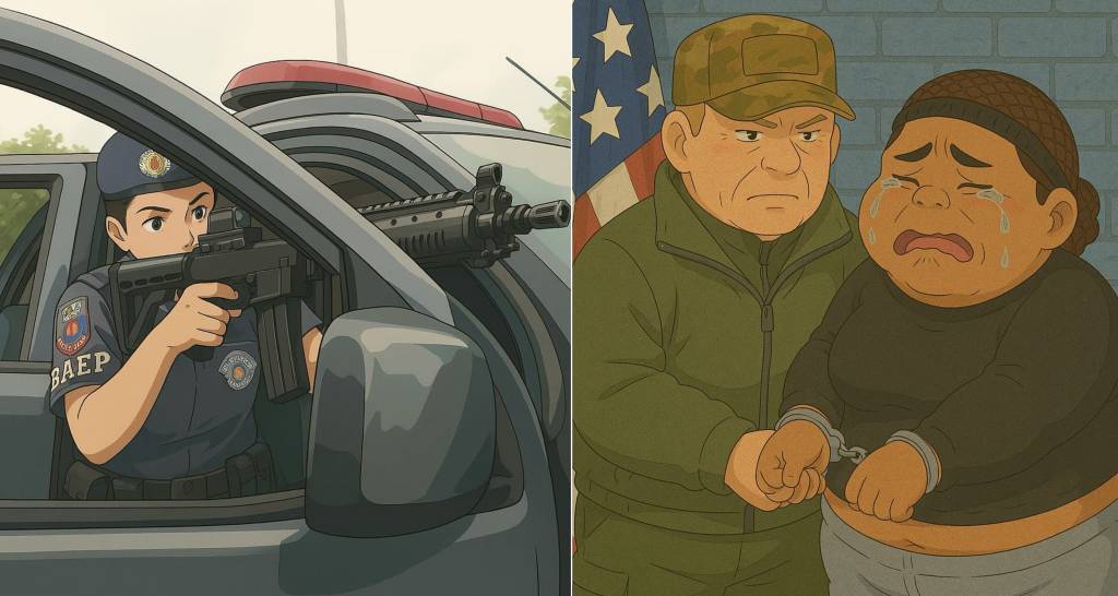 Polícia Militar de SP em operação (à esq.) e imigrante ilegal sendo presa foram algumas das criações que órgãos oficiais do governo compartilharam até agora com a tecnologia do ChatGPT no estilo do Studio Ghibli