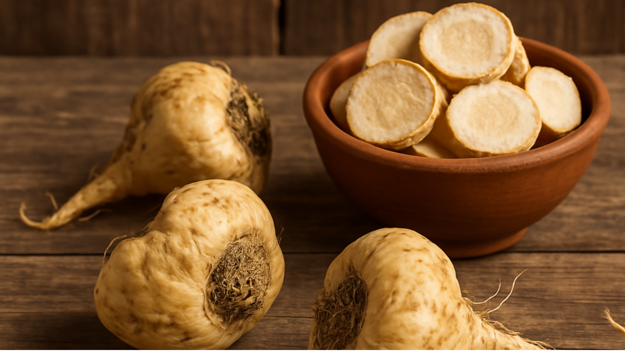 Imagem de maca peruana servida à mesa em forma de raiz.