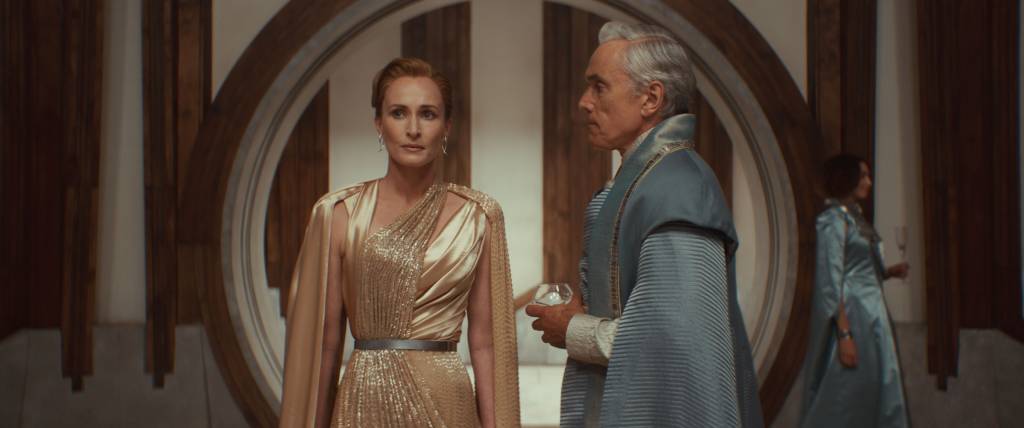 ANDOR SEASON 2 (L-R) Mon Mothma (Genevieve O'Reilly) and Tay Kolma (Ben Miles) in Lucasfilm's ANDOR Season 2, exclusively on Disney+. Photo courtesy of Lucasfilm. ©2025 Lucasfilm Ltd. & TM. All Rights Reserved.